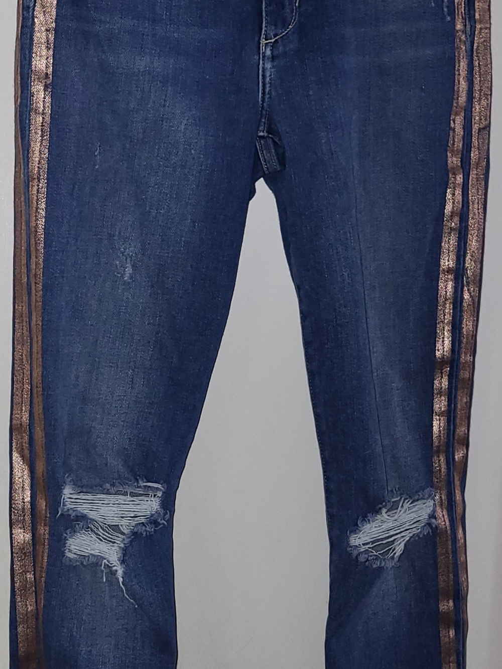 Joe's Jeans Dark Blue Distressed Skinny Jeans with Metallic Gold Side Stripe